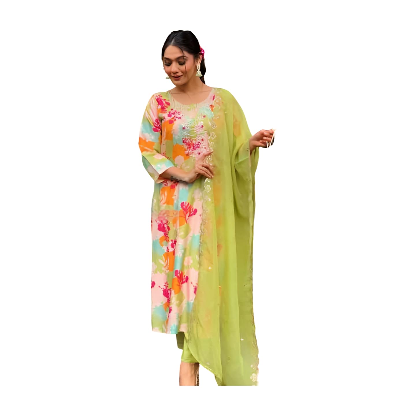 Shiv Textiles Women's Silk Crepe Printed Kurta Pant Dupatta Set(Jda-Swara-Beige-Xxl)