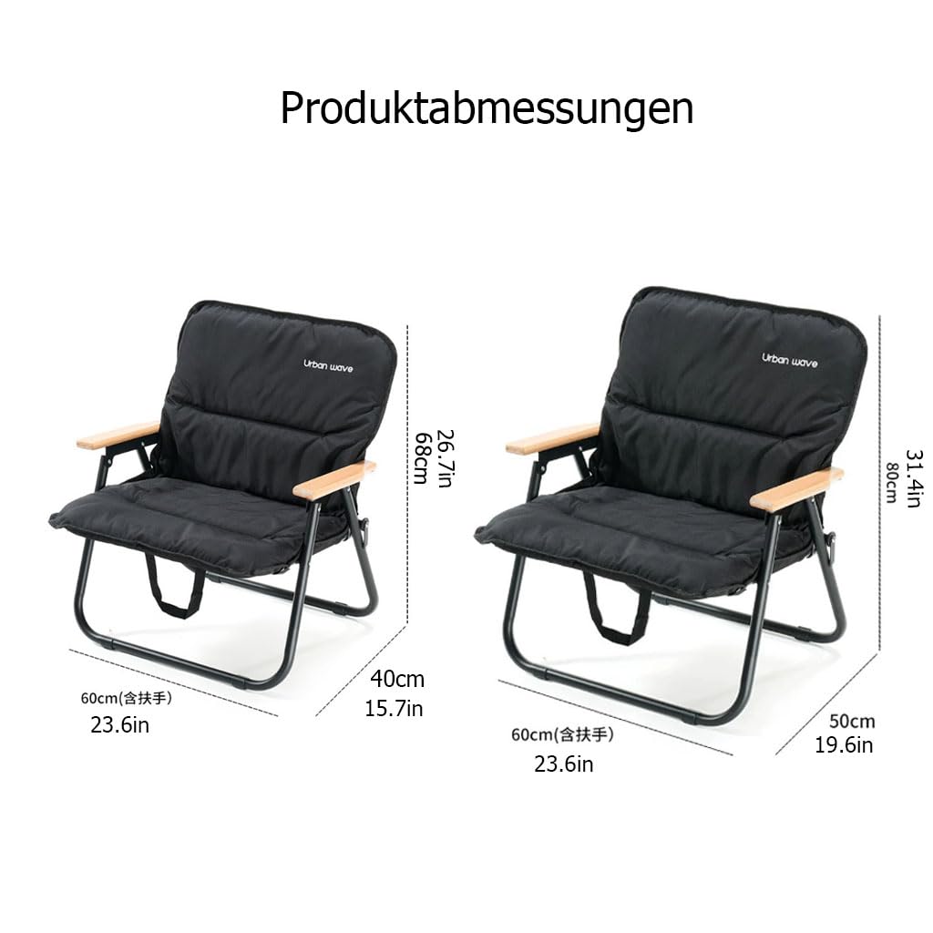 Großer Campingstuhl Klappstuhl mit Holzarmlehnen, Gepolsterter Gartenstühle Tragbarer Outdoor Anglerstuhl, Weicher Camping Stuhl für Picknick Reisen Hinterhof