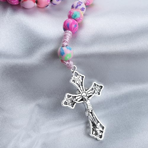 Needzo Floral Pink Cord Rosary, Colorful Prayer Bead Necklace, 16.5 Inches3
