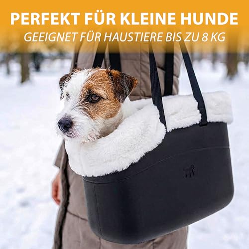 Ferplast Hundetasche bis 8 kg Wasserabweisendes, Waschbares Gummiertes Plastik, Gepolstert mit Warmem Plüsch, Verstellbare Griffe, Sicherheitsgurt, 43,5 x 21,5 x h 27 cm Schwarz.