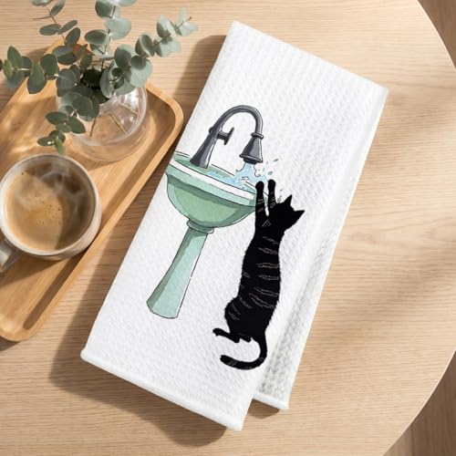 Image of Hanamiya Na 4 Pcs Funny Cat Hand Towel for Bathroom 24x14 Inch, Funny Absorbent Microfiber Dish Cloth Towel, Waffle Weave Hand Towels for Toilet Home Cats Bathroom Decor, Cat Lover Gifts