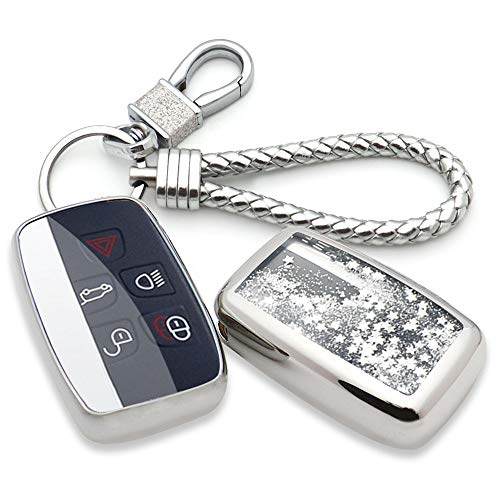 Senauto Car Key Fob Cover for Land Rover,Full-Coverage Quicksand Key Case with Keychain Key Chain Ring for Land Rover Range Rover Evoque Discover Sport Freelander & Jaguar XE XF XJ F-Type (Silver)