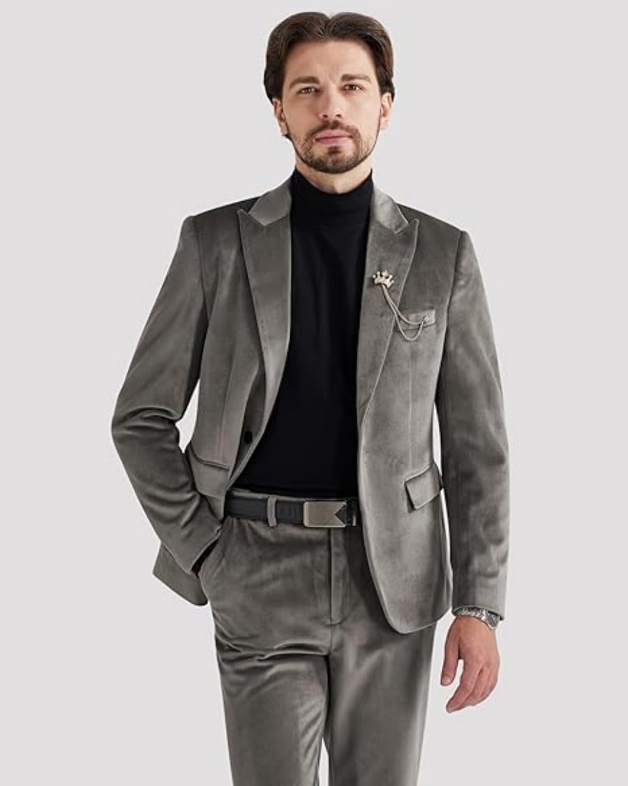 Costume 2 pièces en velours pour homme avec revers cranté et un bouton pour bal de fin d'année, fête d'hiver, dîner, veste et pantalon en velours