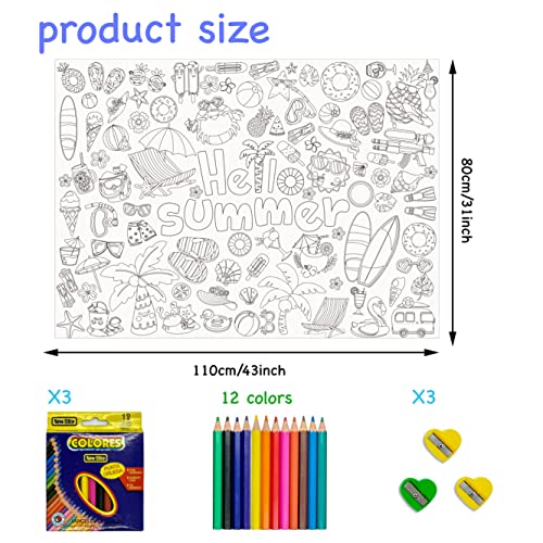 Giant Summer Coloring Poster Set With Colorful Pencils Sharpener, Large Hawaiian Beach Crafts Activity Paper Poster Jumbo Wall Art Poster Banner For School Classroom Party Supplies, 43X 31Inch（Summer) #TOP1