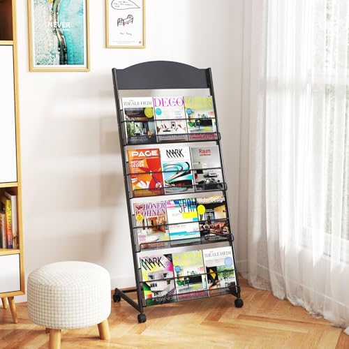 Tcatec Prospektständer Bodenstehender Zeitschriftenständer 4-stufiger Prospekthalter A4 zeitungsständer mit 4-Rädern Zeitungskataloghalter aus Stahl Informationsständer für öffentlichen Orten
