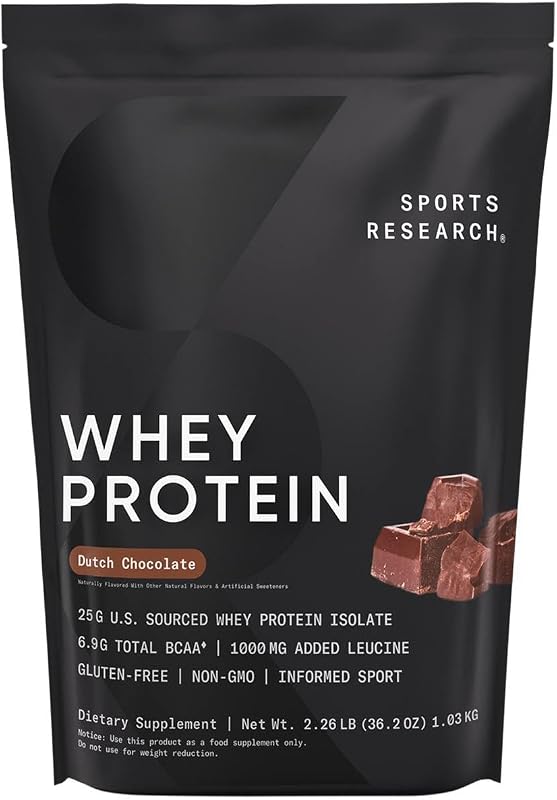 Aislado de proteína de suero en polvo Sports Research®, chocolate holandés, bolsa de 2.26 lb | 25 g de proteína alimentada con pasto de EE. UU. por cucharada | Aminoácidos esenciales y BCAA | Informed Sport, NSF, <1 g de azúcar - 25 porciones