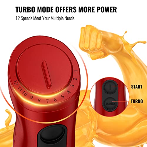 Koios 800W 4-In-1 Multifunctional Hand Immersion Blender, 12 Speed 304 Stainless Steel Stick Blender, Titanium Plated, 600Ml Mixing Beaker, 500Ml Food Processor, Whisk Attachment, Bpa-Free, Red #TOP3