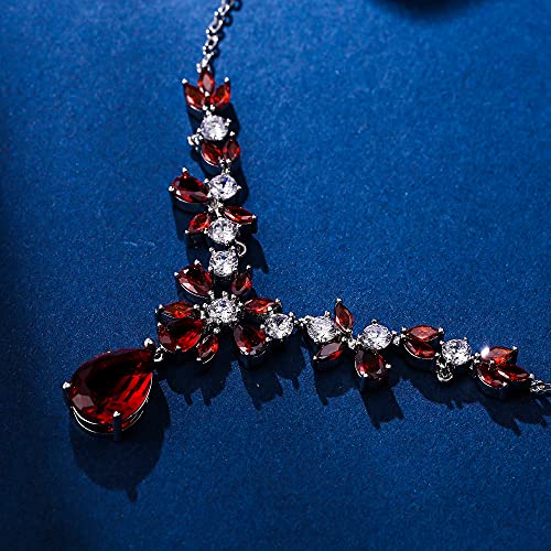 Elequeen Women's Wedding Bridal Jewelry Set For Brides Bridesmaids, Sparkle Cubic Zirconia Teardrop Necklace Dangle Earrings Bracelet Sets For Party Prom Ruby Color #TOP3