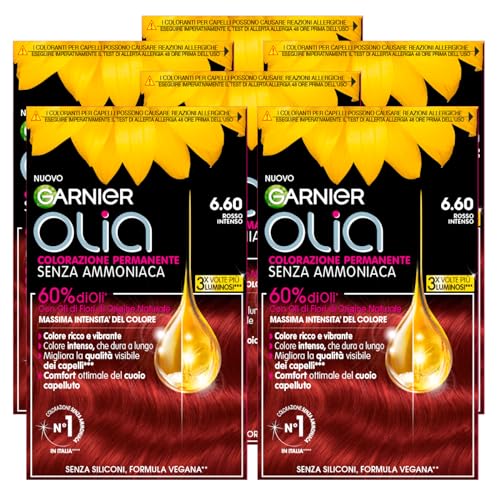 Garnier Olia Tinte permanente para el cabello 6.60 Rojo Intenso Sin Amoníaco Fragancia Delicada con Aceites de Flores de Origen Natural - 6 Colores