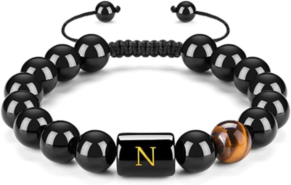 PAURO Unisex Beaded Initials Bracelets Letter Link Handmade Black Onyx Tiger Eye Stone Braided Rope Meaningful Bracelet