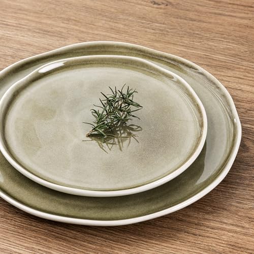 Image of LERATIO Ceramic Dinnerware Sets for 6,Porcelain Plates and Bowls Sets with Wavy Edge,Microwave & Dishwasher & Oven Safe,Light Weight & Scratch Resistant Dishes Sets-Olive Green