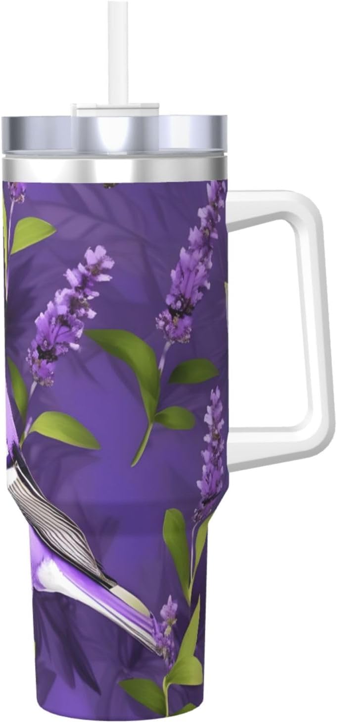 40 OZ Bird in Purple Lavender Floral Flowers Print Ice Bully Cup with Handle Straw Lid Straw,Stainless Steel Tumbler Coffee Cup