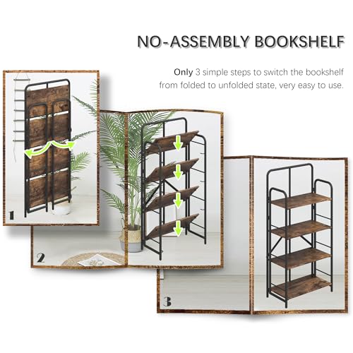 Image of 4NM No Assembly Folding Bookshelf, 4 Tiers Collapsible Book Shelves Open Industrial Foldable Storage Bookcase Shelf for Bedroom, Living Room, Home Office - Rustic Brown and Black