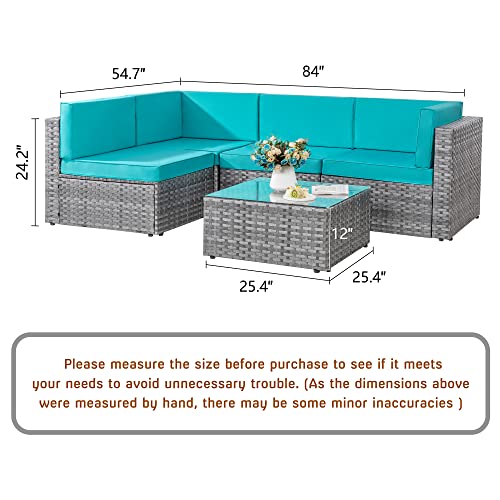 Shintenchi 5 Pieces Outdoor Patio Sectional Sofa Couch, Silver Gray Pe Wicker Furniture Conversation Sets With Washable Cushions & Glass Coffee Table For Garden, Poolside, Backyard (Blue) #TOP1