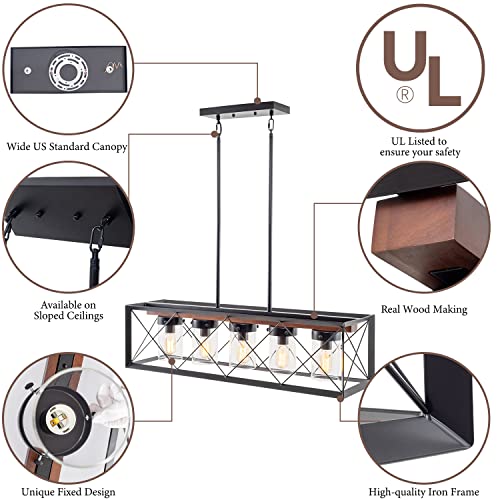 Island Lights For Kitchen, 35.6" Black Metal Glass 5-Light Farmhouse Ceiling Hanging Chandelier,Rustic Brown Wood Pendant Lights,Large Table Lighting Fixtures For Dining Room Kitchen Indoor,Ul Listed #TOP2