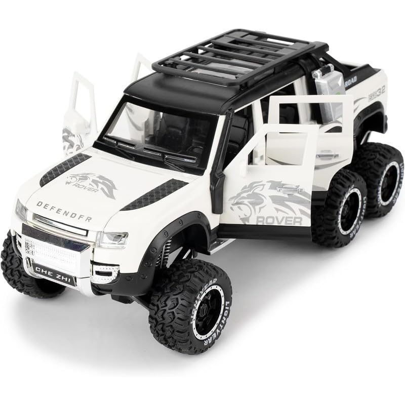 Image of Kids Model 1:24 6 Wheel Defender Die Cast Metal Car Pull Back Action Opening Doors with Realistic Engine Sound Lights Toy Car Gift for Boys - White