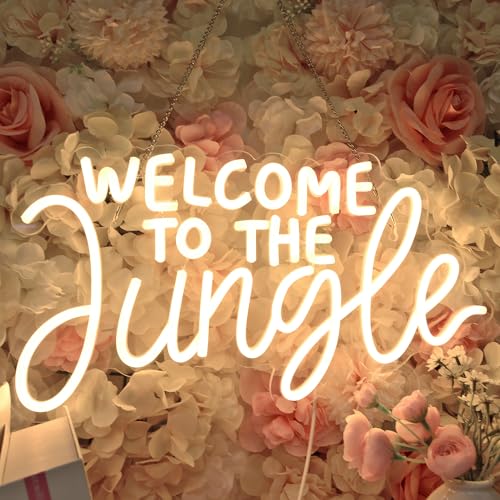 Image of Planzo Welcome to the Jungle LED Neon Sign Light Baby Shower Wall Decor | Bedroom Kids Room Neon Sign for Home Decor, Safari Jungle Themed Party Decor, Kids Birthday Gift, USB, 16.93 inchx9.06 inchWarm White