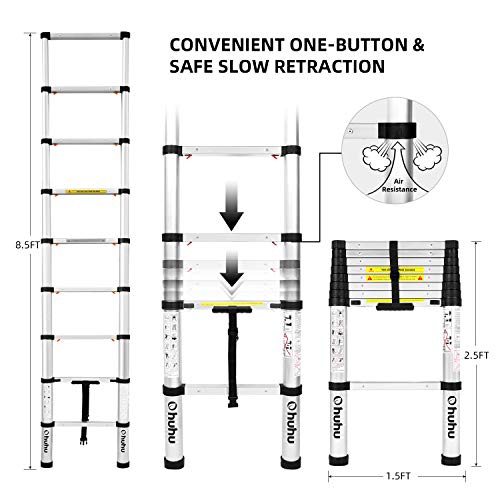 Ohuhu 8.5 FT Aluminum Telescoping Ladder, ONE-Button RETRACTION Extension Ladder, Extendable Ladder with Spring Loaded Locking Mechanism, Collapsible Ladder for Roof Ceiling RV, 330 Pound Capacity