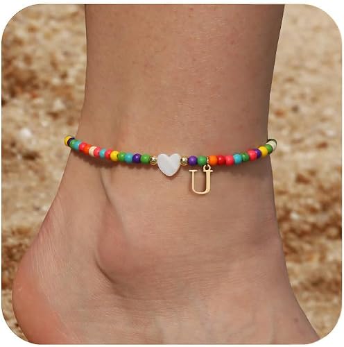 Honsny Ankle Bracelets for Women Initial Anklets Waterproof Boho Beaded Dainty A