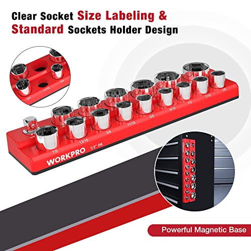 Image of WORKPRO Magnetic 1 /2-Inch SAE Socket Organizer - Holds 16 Standard & Deep Size Sockets