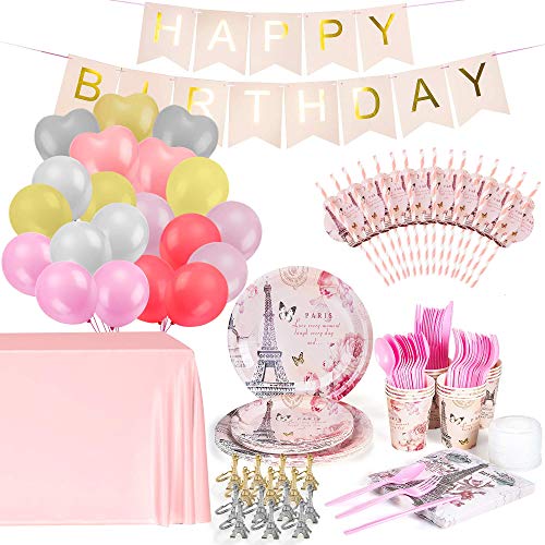 198 Piece Paris Party Tableware, Decorations and Supplies with Balloons and Eiffel Tower Key Chains for 16 Guests