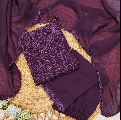 Image of Women Embroidered Straight Kurti with Palazzo And Dupatta Set | Elegant Ethnic Wear Kurta Set | V-Neck Long Sleeve Kurti | Stylish Casual, Festive & Wear for Women
