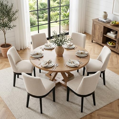 Image of HNY Modern Dining Chairs Set of 4 with Comfortable Back Support, Farmhouse Soft Linen Upholstered Dining Room Chairs with Black Solid Wood Legs, Armless Kitchen Side Chairs for Living Room, Beige