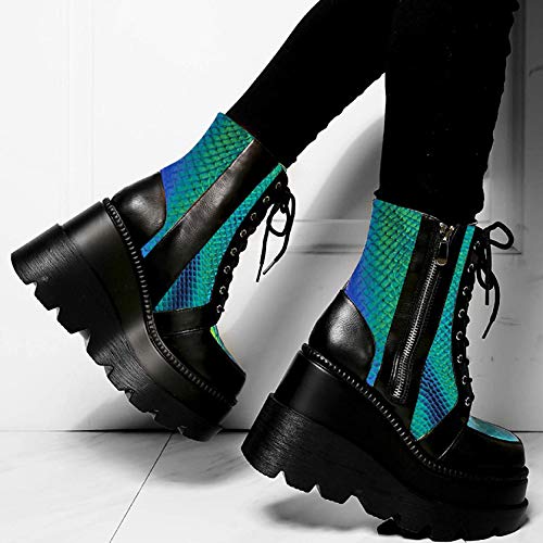 Lace Up Ankle Boots for Women, Round Toe Colorful Wedge Chunky High Heel Side Zipper Platform Non-Slip Combat Boots Black - Thumbnail 2