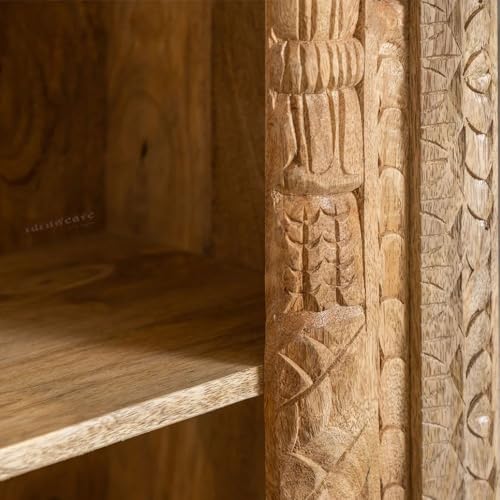 Image of Solid Wooden Book Shelf | Handcrafted Carved Display Unit Book Stand, Antique Wooden Book Shelves for Living Room, Office & Bedroom, Solid Wood Bookcase, Rustic Carved Bookshelf, Natural