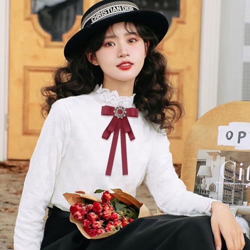 Image of Lace Ribbon Bow Tie Brooch Rhinestone Pearl Necktie for Girl Women Fashion jabot collar brooch pins Pre-Tied Corsage