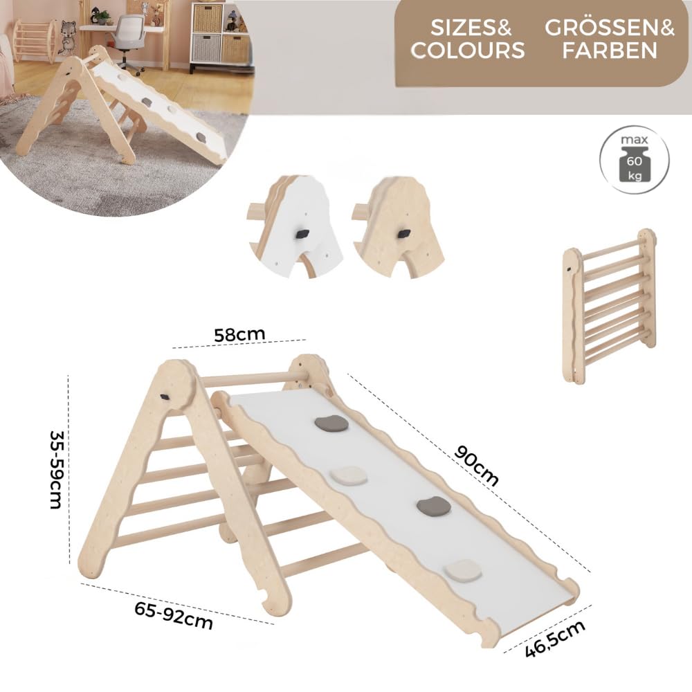 MAMOI® Klettergerüst Indoor, Kletterdreieck mit Rutsche aus Holz, Kletterturm mit Rutschbrett, Kletterbogen, Regenbogenwippe, Montessori Spielzeug