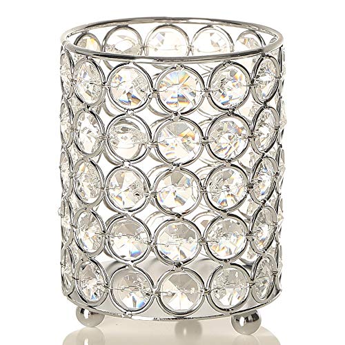 VINCIGANT Silver Cylinder Crystal Tealight Candle Holder Candlesticks/Pen Holders for Home Office Decoration Gifts for Wedding