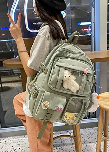 YAQUNICER Kawaii Daypacks Cute Bear and Duckling Pendant Backpack Large Capacity-Green2
