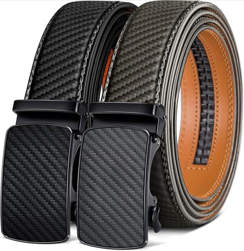 Men Belt 2 Pack, Ratchet Click Sliding Genuine Leather Belt, 1 3/8, Cut for Fit