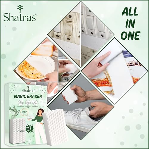 Image of Shatras Magic Eraser Cleaning Sponge - Multipurpose Melamine Foam Stain Remover Foam for Walls, Kitchen, Bathroom, Tiles & Shoes | Just Add Water Stain Remover (Pack of-4)