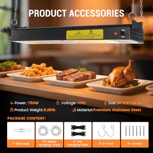 24-Inch Food Heat Lamp, 750W Commercial Food Warmer Lamp Electric Strip Heater Overhead Stainless Steel Heat Lamps for Buffet Restaurant Parties Catering, Black 115V