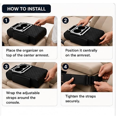 Image of Car Armrest Cushion with Cup Holder Cover, Armrest Pad with 2 Storage Pockets, Cup Holder, Tissue Slot, Phone Holder, Nappa Leather Memory Foam Car Accessories for SUV & Sedan (Black)