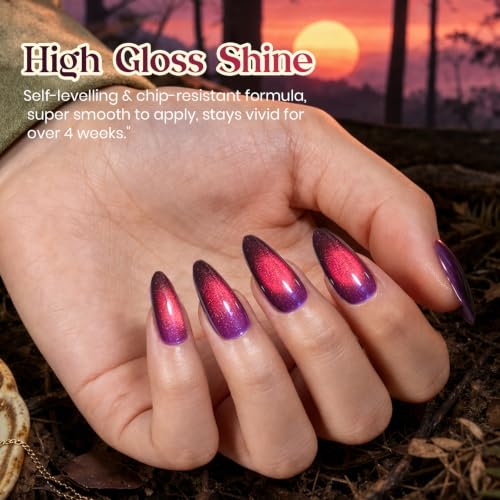 Image of Beetles Purple Cat Eye Gel Polish with Iridescent Effect | 15ml Purple Red Sunset Blaze Holographic Reflective Magnetic Glitter Gel for Women UV Curing Nail Art DIY Manicure Gift