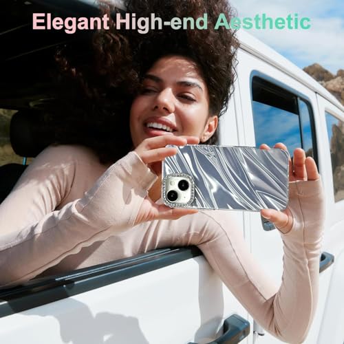 Image of DIZORO Compatible with iPhone 15 Plus Case | Marble Glossy Hard PC Back Cover with Diamond Camera Protector | Ultra Stylish Shockproof Back Cover Case for Girls Women-Sky