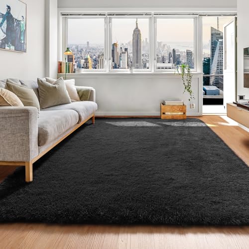 Image of ONASAR Black Area Rugs for Bedroom Living Room, Fluffy Fuzzy Shaggy 4x6 Bedside Rug, Soft Plush Modern Indoor Floor Carpet for Nursery Kids Girls Boys Teen Dorm Home Office Decor Aesthetic