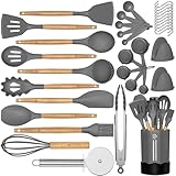 Silicone Cooking Utensil Set, 35 Pcs Kitchen Utensils by Fungun, Non-stick Heat Resistant Kitchen Gadgets Cookware with Natural Wooden Handle -(Gray)