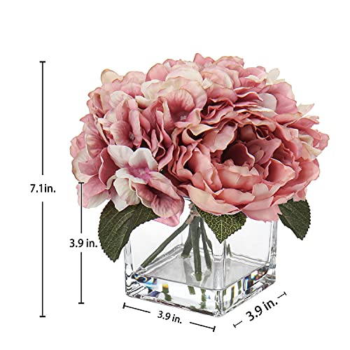 Briful Fake Flowers in Vase Silk Peony Hydrangea Flowers with Faux Water for Home Wedding Party Decoration Artificial Flowers Peony Hydrangea in Glass Pots for Table Centerpieces - Image 2