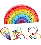 QZMTOY Wooden Rainbow Stacker, Extra Large 12 Pcs Stacking Game, Nesting Puzzles Building Blocks ...