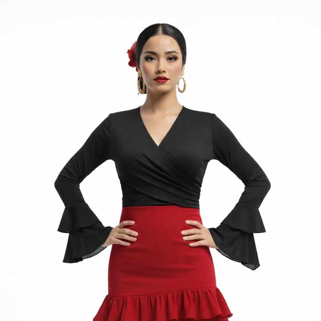 Bolero Torera Top Cruzado Flamenco Tejido elástico Manga Larga con Dos Volantes — view 7