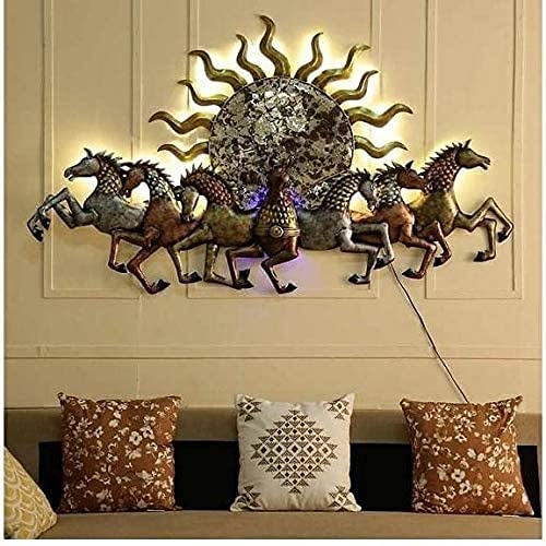 KUMAR INDUSTRES 7 Lucky Running Horse Chariots with Sunrise Wall Hangings with Built-in LED Lightings | Vaastu Wall Hanging for Home/Living Room/Bedroom/Kitchen | 57 x 33 x 3 in
