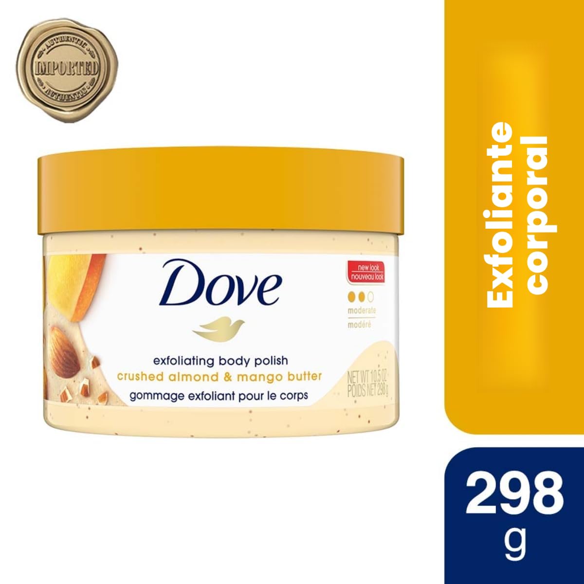 Dove Exfoliante corporal Body Polish piel seca almendras molidas mantequilla de mango exfolia hidrata aroma