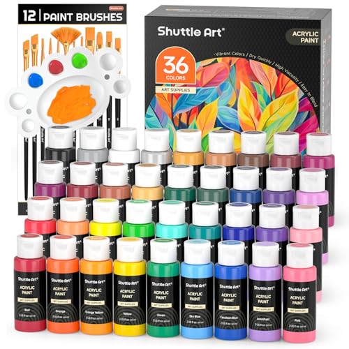 Shuttle Art Acrylic Paint, 36 Colors Acrylic Paint Set with Brushes & Palette, 2oz/60ml Bottles,...