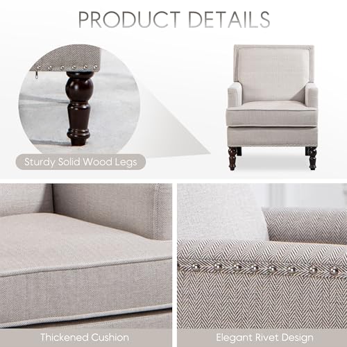 Yogald Vintage Accent Armchair, Comfy Upholstered Reading Chair with Nail-Head Trim, Farmhouse Sofa, Coastal Single Corner Chair for Living Room, Bedroom, Guest Room (Khaki Linen) - Image 3