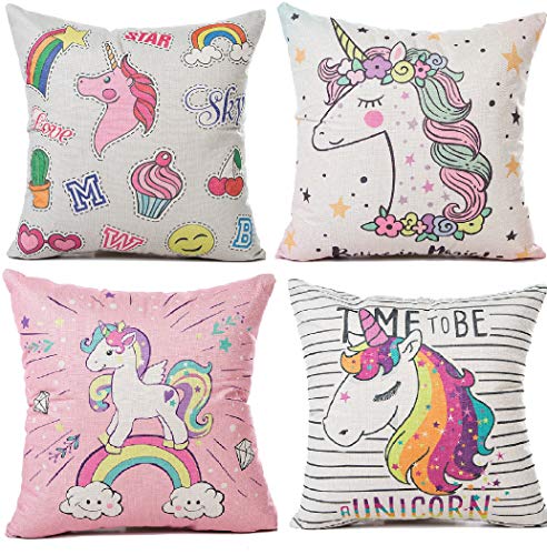 HL HLPPC Unicorn Pink Pillow Covers Square 18 x 18 Inches Cotton Linen Cushion Cover Perfect for Home Decorative