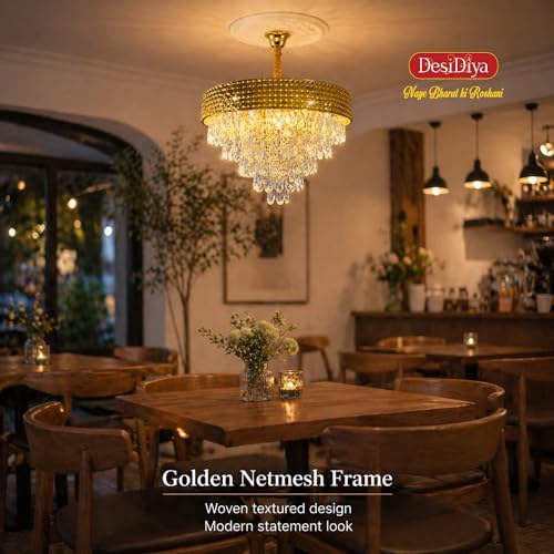 Image of Desidiya LED 400MM Golden Netmesh Modern Chandelier Lights for Ceiling Living Room K9 Crystals Antique Jhumar Light for Hall Decoration, Luxury Ceiling Fixture Light for Living Room, Dining Room